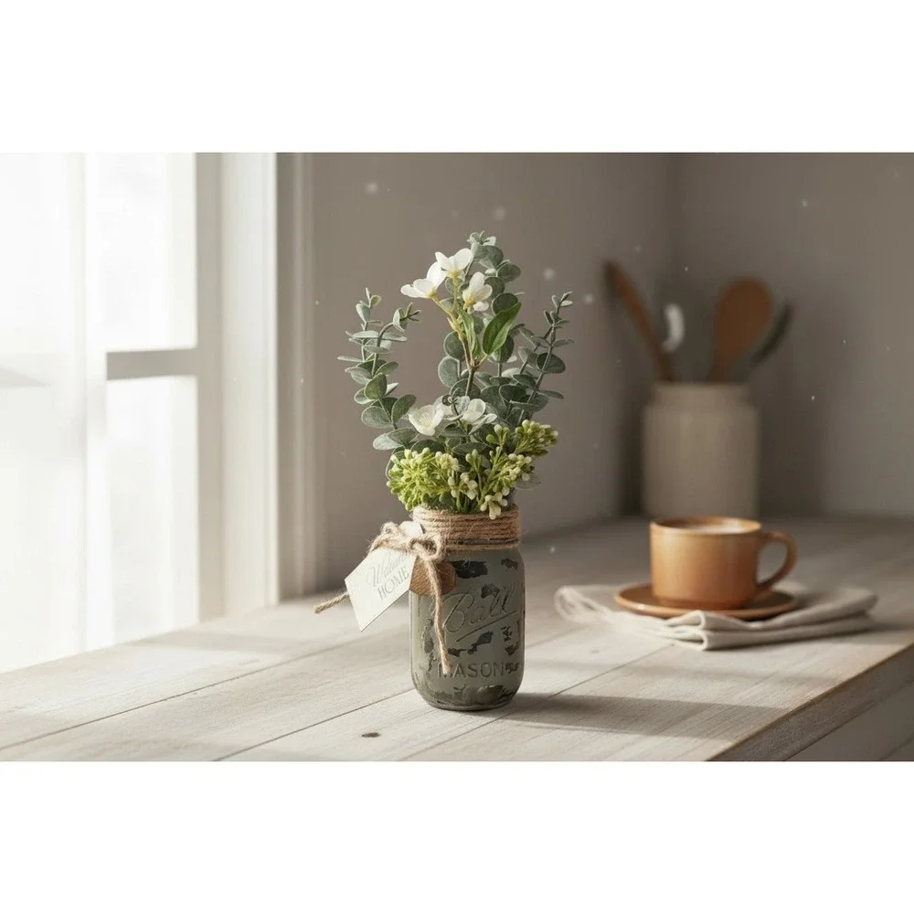 Rustic Ball‎ Mason Jar Artificial Floral Arrangement Welcome Home Decor Green